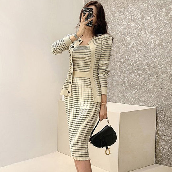 Knitted Sling + Cardigan And Pencil Skirt Suit